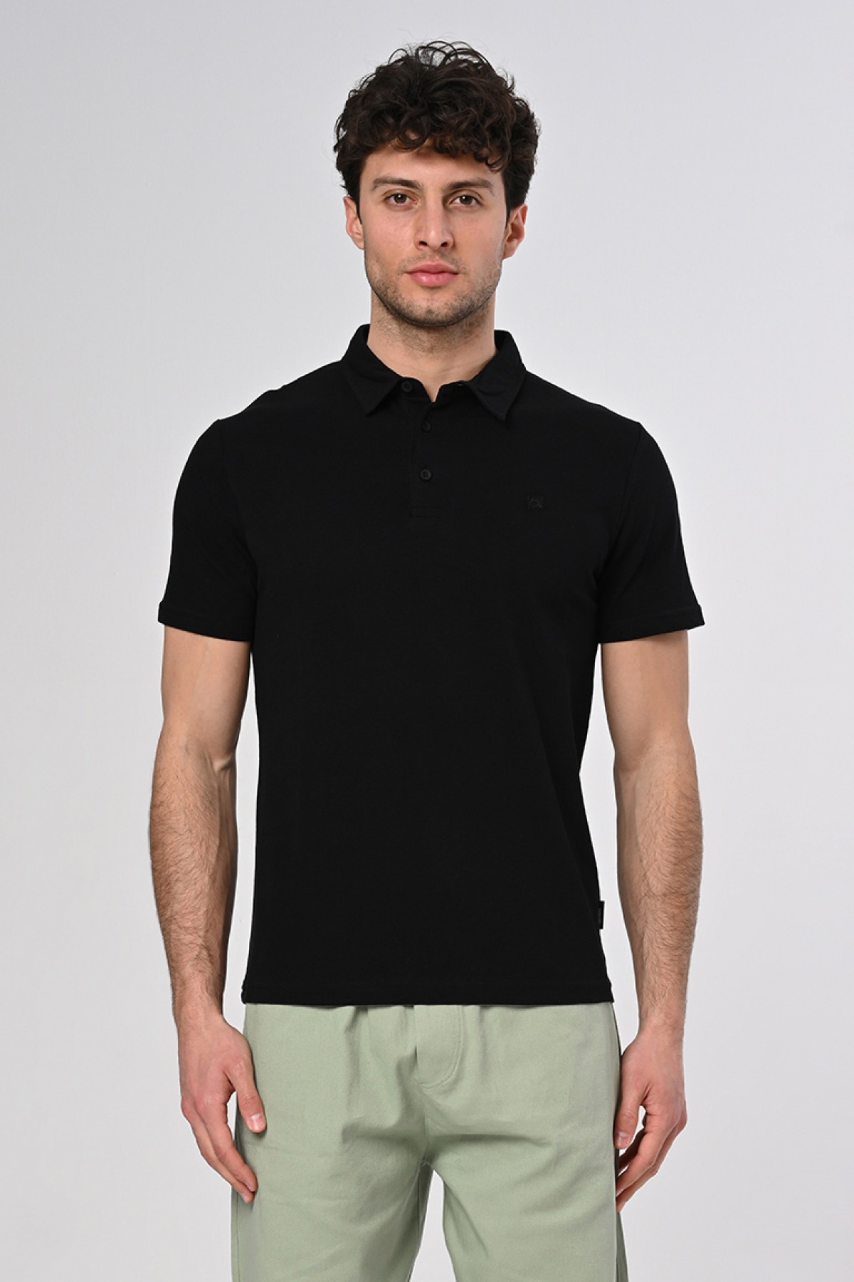 Vav Tasarım Punto Baskılı Pamuk Polo Yaka Siyah T-shirt 23'